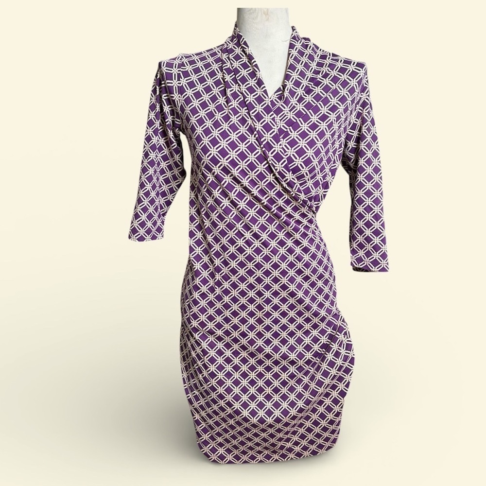 J McLaughlin Faux Wrap Dress Purple Beige‎ Geometric Print Midi Womens XS Career